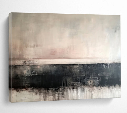“Muted Abstract Horizon” - Soft tones of gray, beige, black; Abstract horizon with drip effects; Acrylic Painting On Canvas HB1266