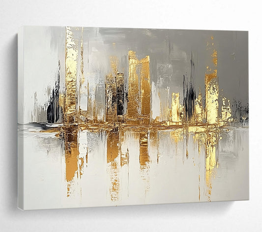 “Gilded Metropolis Reflection” - Gold, Gray, White, Abstract Cityscape with Water Reflections Painting On Canvas HB1084