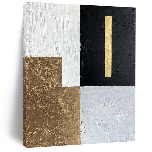 White, Black, Gold, Light Gray with Geometric Blocks "Elegant Division" Abstract Painting On Canvas HB011