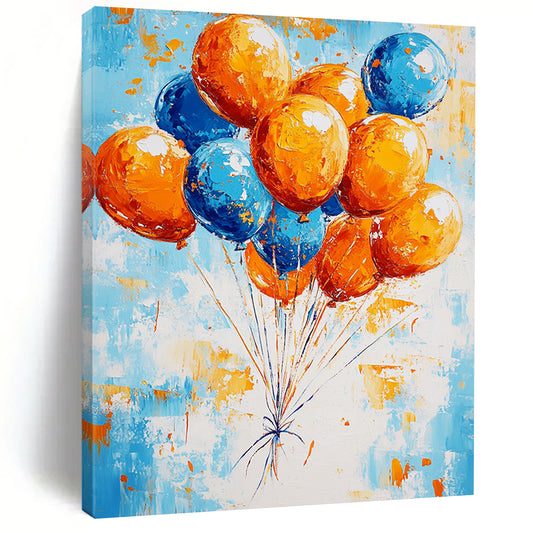 Contemporary abstract painting featuring vibrant orange and blue balloons floating against a bright sky evoking a joyful celebration in dynamic brush strokes. DLZ1411