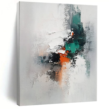 Contemporary hand-painted abstract art on canvas features thick brushstrokes in neutral tones with accents of grey teal and orange against a white background. DLZ1645