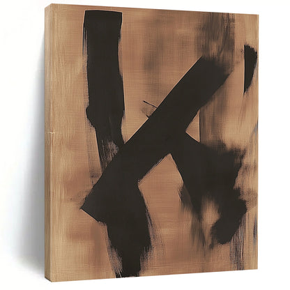 Contemporary hand-painted abstract artwork featuring two black shapes on a dreamy bronze background evoking a sense of melancholy. DLZ1423