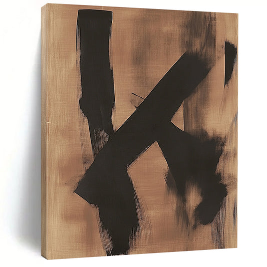 Contemporary hand-painted abstract artwork featuring two black shapes on a dreamy bronze background evoking a sense of melancholy. DLZ1423