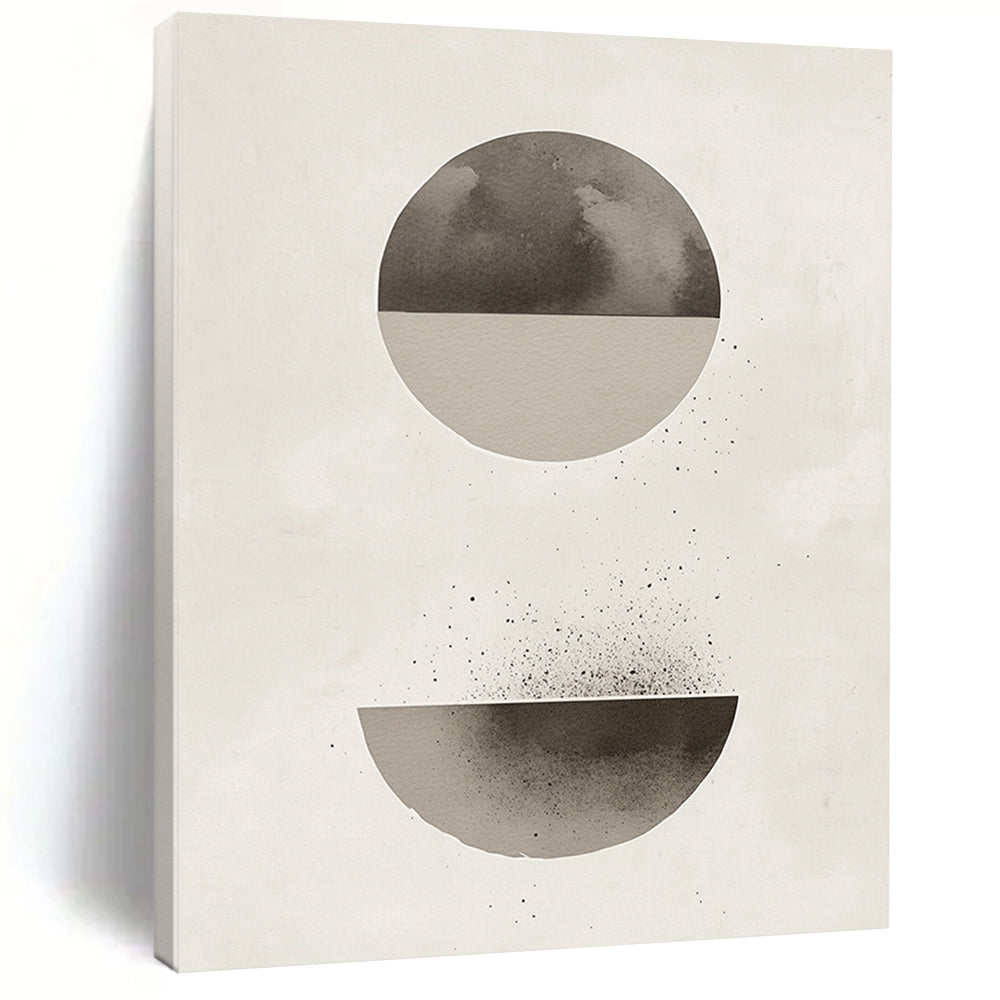 Contemporary abstract artwork features a minimalist Japandi design with muted gray and beige tones and harmonious circle and half-circle shapes. DLZ1346
