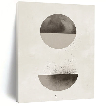Contemporary abstract artwork features a minimalist Japandi design with muted gray and beige tones and harmonious circle and half-circle shapes. DLZ1346