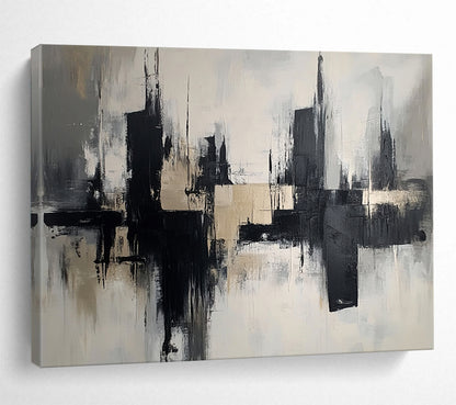 “Monochrome Cityscape Reflection” - Black, Gray, Beige, Abstract Urban Reflections - Abstract Acrylic Painting HB1672