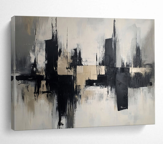 “Monochrome Cityscape Reflection” - Black, Gray, Beige, Abstract Urban Reflections - Abstract Acrylic Painting HB1672