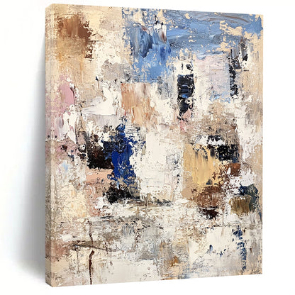 Contemporary abstract artwork showcasing textured white rocks and buildings with bold brushstrokes in beige, brown, blue, and gray. DLZ0898