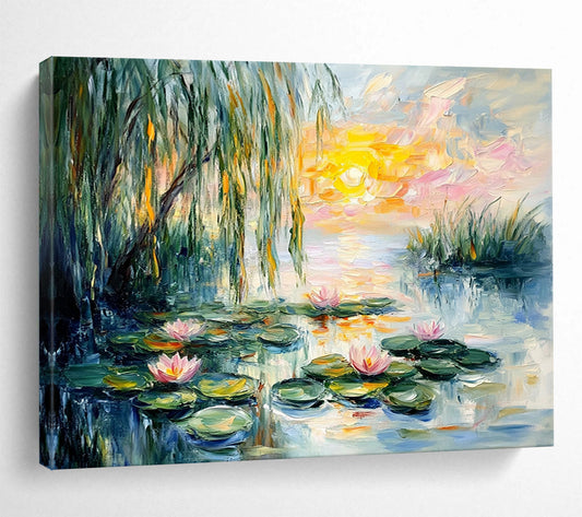 “Sunset Water Lilies” - Pink, Yellow, Green, Water Lilies, Sunset - Impressionist Oil Painting HB1680