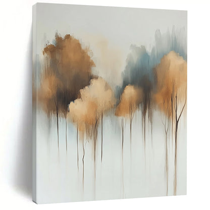 Contemporary abstract painting featuring soft watercolor trees on a white background with muted tones and dreamy light bronze and gray-blue floral accents. DLZ0662