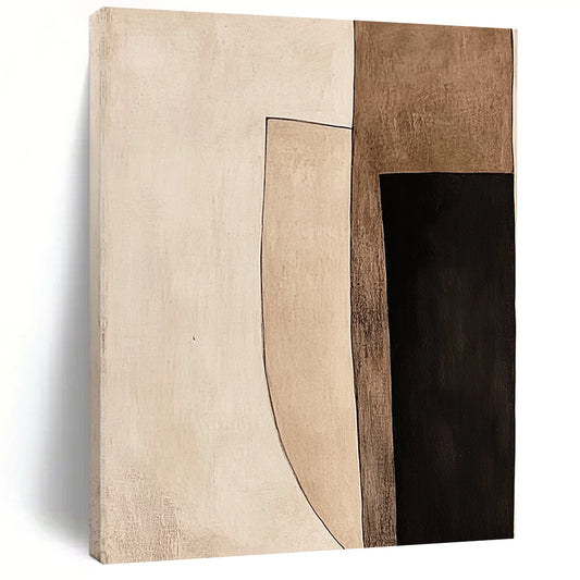 Contemporary hand-painted abstract art with geometric shapes featuring light brown and black tones bordered in white against a minimalist beige background. DLZ1424