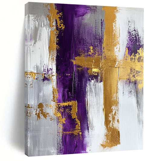 Contemporary hand-painted abstract artwork featuring gold foil and purple accents inspired by Wassily Kandinsky's unique style. DLZ0741