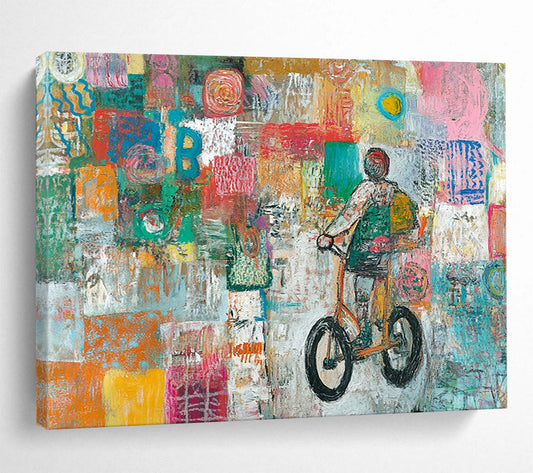 Colorful Mosaic Biker Journey – Mixed - Media Abstract Biker Scene Painting HB1469