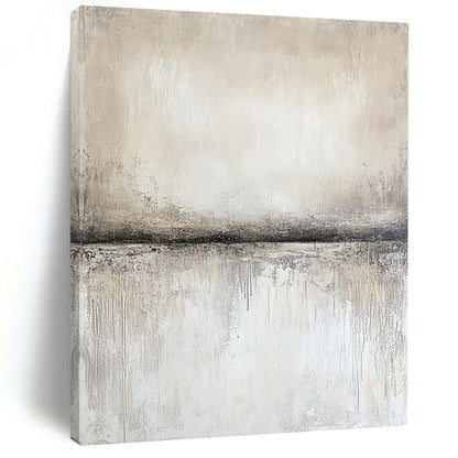 Contemporary abstract artwork features textured canvas in neutral gray and beige, with soft gradients and a central empty space showcasing subtle movement and light. DLZ0877