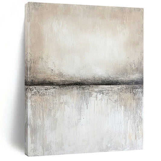 Contemporary abstract artwork features textured canvas in neutral gray and beige, with soft gradients and a central empty space showcasing subtle movement and light. DLZ0877
