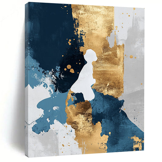 Contemporary hand-painted abstract artwork featuring gold blue and white tones with golden foil details in a minimalist modern style. DLZ0269