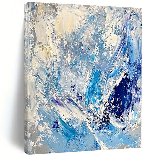 Contemporary large abstract artwork featuring thick impasto strokes in light blue, white, and silver, evoking the essence of ice and snow. DLZ0624
