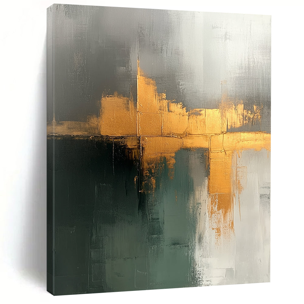 Contemporary hand-painted abstraction displaying beige sage green tones with elegant gold accents on canvas texture, perfect for modern decor. DLZ0943