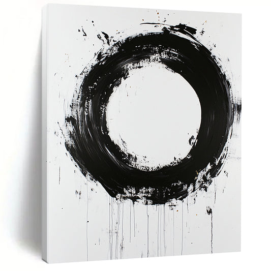 White, Black and Gold Abstract Circle "Zen Enso" Painting On Canvas HB365
