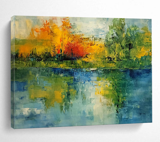 “Colorful Lake Reflection” - Green, Blue, Yellow, Abstract Tree Reflections Painting On Canvas HB0949