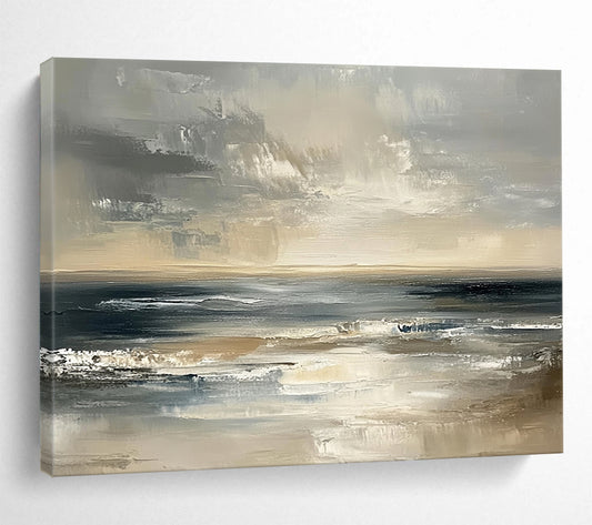 “Moody Ocean Horizon” - Greys, Browns, Blues, Dramatic Ocean - Impasto Oil Painting HB1603