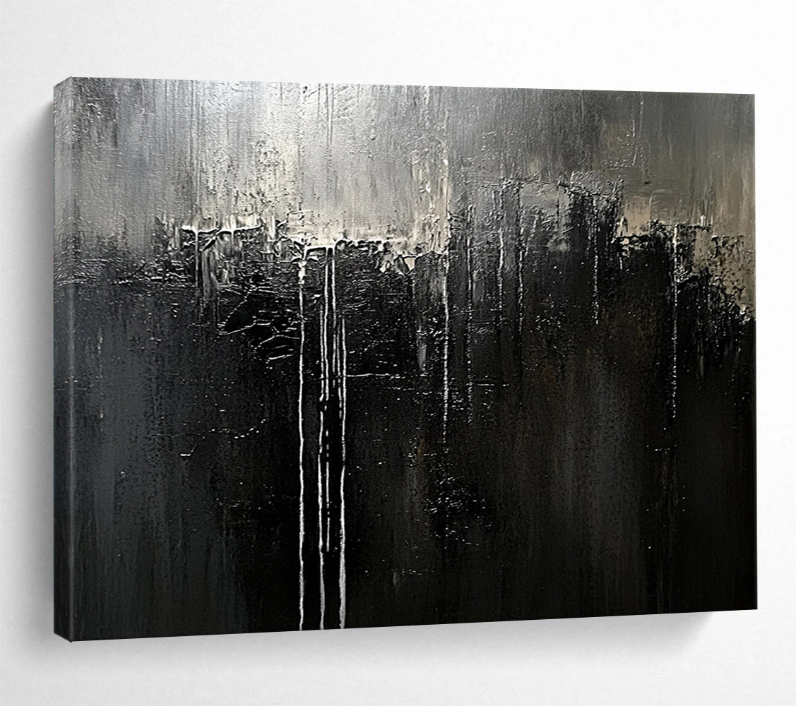Monochrome Dripping Abstract - Dark Expressionist Painting On Canvas HB0468