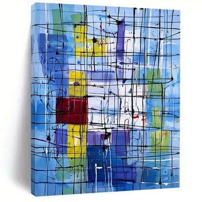 Vibrant contemporary abstract art featuring dynamic lines and shapes with a New York City office backdrop highlighting the complexity of life and emotion. DLZ1236