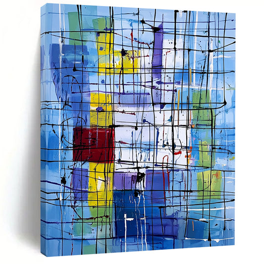 Vibrant contemporary abstract art featuring dynamic lines and shapes with a New York City office backdrop highlighting the complexity of life and emotion. DLZ1236
