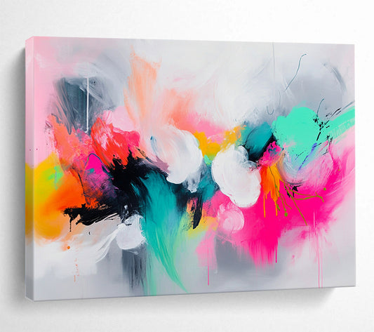 “Colorful Abstract Expressionist Burst” - Pink, orange, green, blue, white; Vibrant abstract expressionist; Acrylic Painting On Canvas HB1260