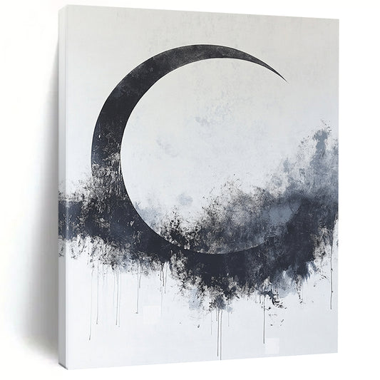 Black, White, Gray, Textured Crescent "Midnight Moon" Abstract Expressionist Painting On Canvas HB092