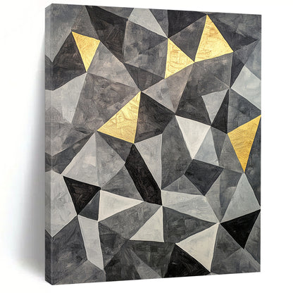 Gray, Black, White and Gold Geometric Triangles "Golden Geometry" Painting On Canvas HB363