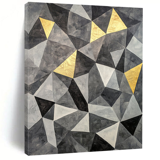 Gray, Black, White and Gold Geometric Triangles "Golden Geometry" Painting On Canvas HB363