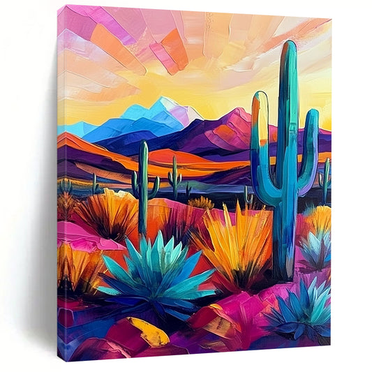 Vibrant modern abstract painting showcasing the Arizona desert with cacti and mountains in bold pink, blue, purple, yellow, and orange hues. DLZ1124