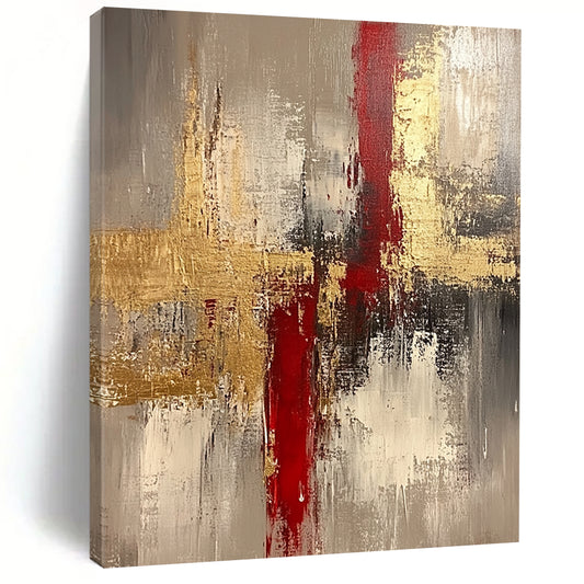 Contemporary hand-painted abstract artwork featuring rich beige tones enhanced with gold and red accents creating a striking visual experience. DLZ0438