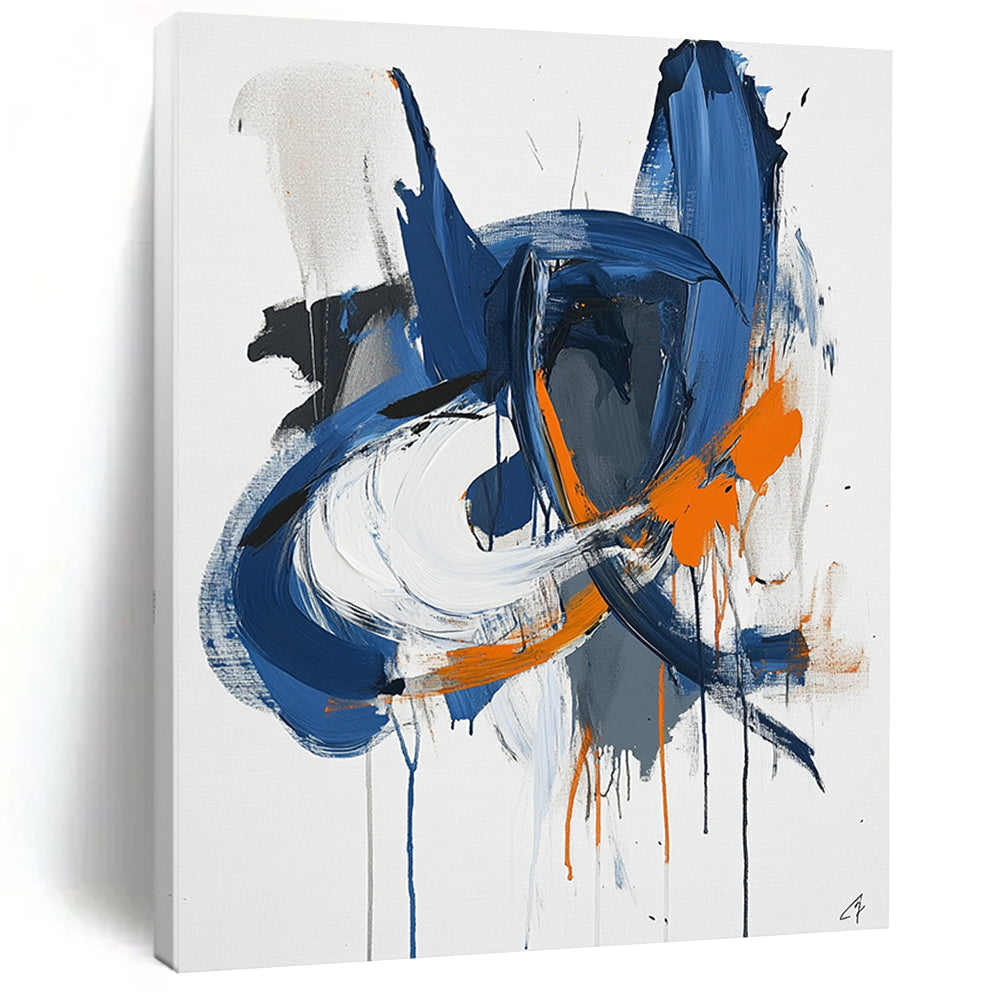 Contemporary abstract artwork features blue white and orange lines with paint drips and organic shapes on paper minimalist style by Sai Ren Wong. DLZ1027