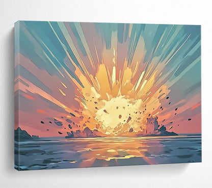 “Explosive Coastal Sunset” - Orange, Blue, Dynamic Coastal Explosion Painting On Canvas HB0891
