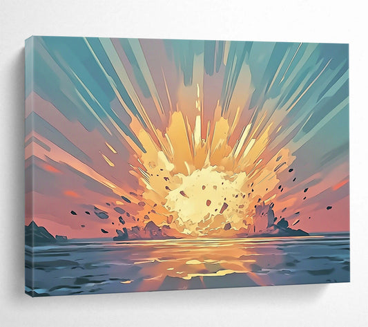 “Explosive Coastal Sunset” - Orange, Blue, Dynamic Coastal Explosion Painting On Canvas HB0891