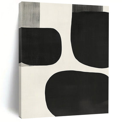 Contemporary hand-painted abstract artwork featuring black and white shapes, overlapping organic forms, soft edges, and a minimalist style inspired by mid-century modern design. DLZ1552