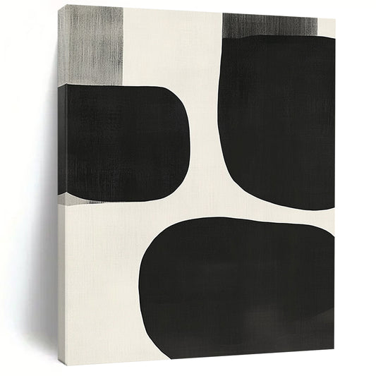 Contemporary hand-painted abstract artwork featuring black and white shapes, overlapping organic forms, soft edges, and a minimalist style inspired by mid-century modern design. DLZ1552