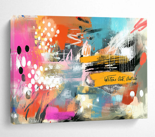 “Vibrant Abstract Collage” - Bold mix of pink, orange, blue with playful patterns, Contemporary Mixed - Media Painting On Canvas HB0539