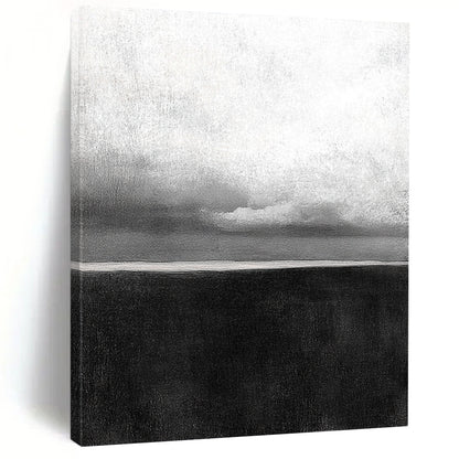 Contemporary hand-painted abstract artwork featuring a textured ocean horizon with soft, atmospheric clouds and a grainy, minimalist aesthetic. DLZ1546