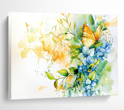 “Vibrant Butterfly & Blooms” - Blue, Yellow, Butterfly, Flowers Painting On Canvas HB0761