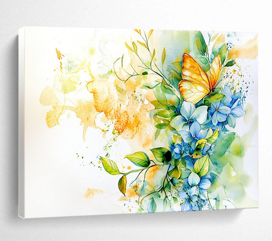 “Vibrant Butterfly & Blooms” - Blue, Yellow, Butterfly, Flowers Painting On Canvas HB0761