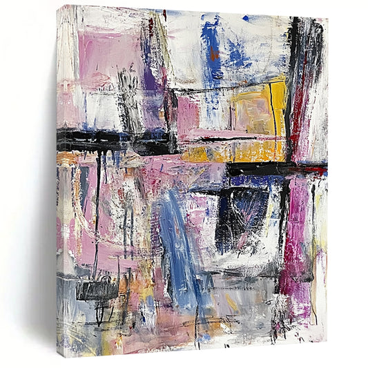 Contemporary hand-painted abstract artwork featuring an expressive urban landscape with bold brushstrokes and a pastel palette creating rich textures. DLZ0967