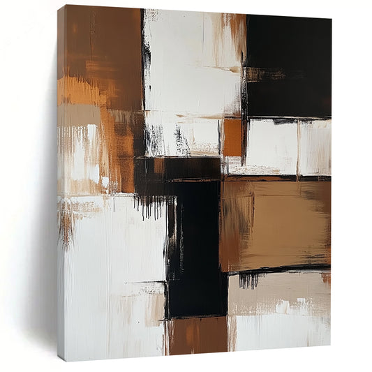 Contemporary hand-painted abstract art featuring bold brown and white color blocks with beige tones and striking black accents, showcasing minimalistic brush strokes. DLZ0735