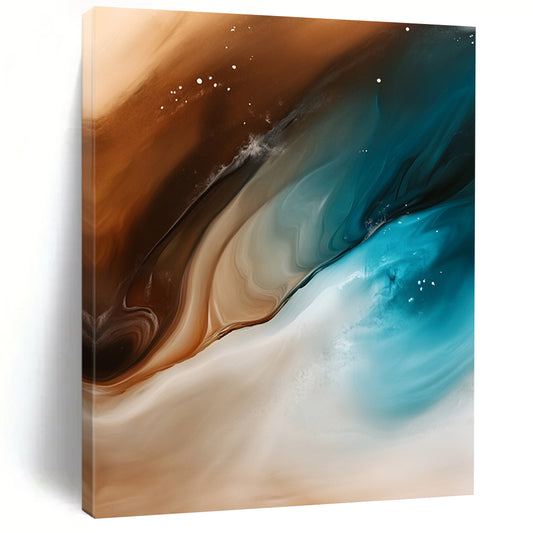 Contemporary abstract artwork features fluid shapes of sand and ocean waves in brown white teal and blue with smooth brushstrokes and a gradient background. DLZ0993
