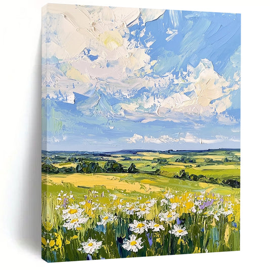 Contemporary large hand-painted abstract artwork showcasing serene English countryside with gentle hills soft blue sky and calming daisies. DLZ1421