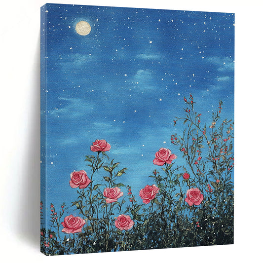 Contemporary abstract art featuring pink roses under starry skies detailed in soft pastels with a vintage touch and intricate lace design. DLZ1254