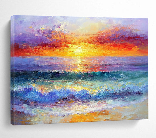“Blazing Sunset Waves” - Fiery Oranges, Reds, Pinks, Purple, Dynamic Ocean Sunset - Impasto Oil Painting HB1749