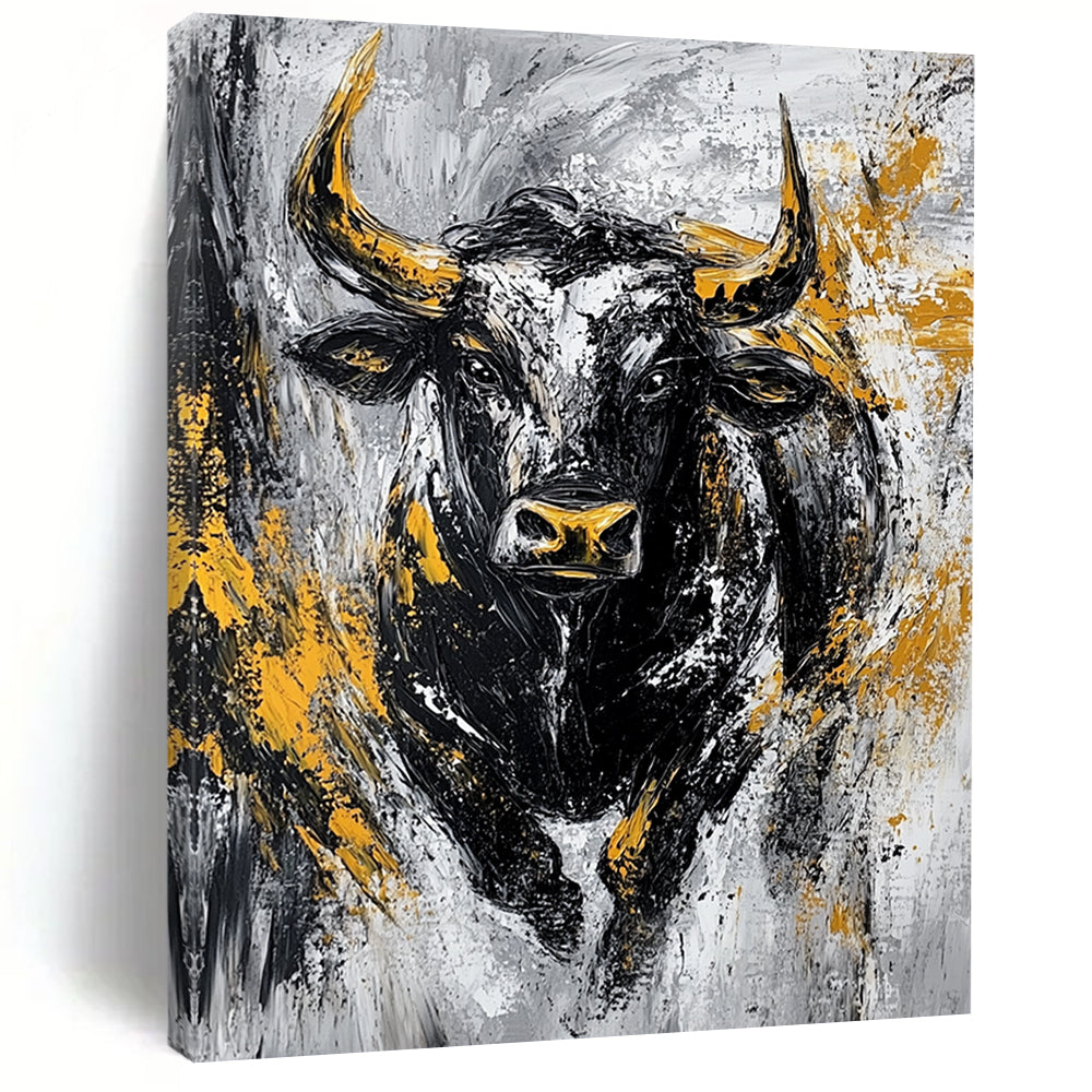 Bold contemporary abstract painting featuring an aggressive bull in textured black and gold against a striking grey background. DLZ0885
